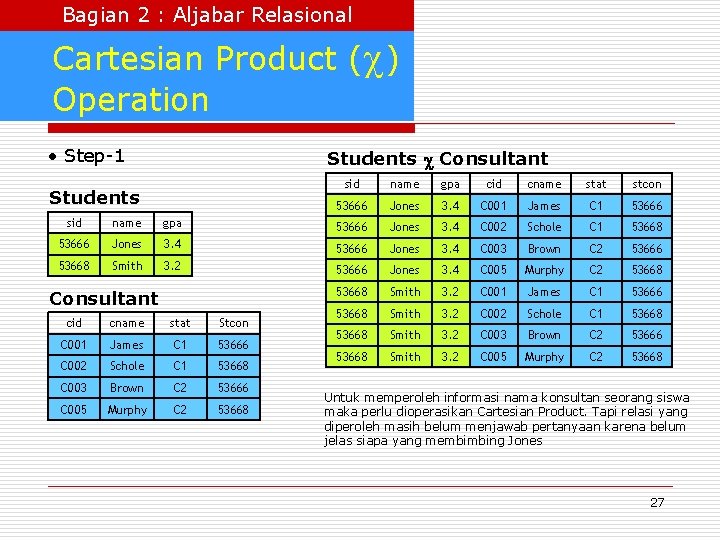 Bagian 2 : Aljabar Relasional Cartesian Product ( ) Operation • Step-1 Students Consultant