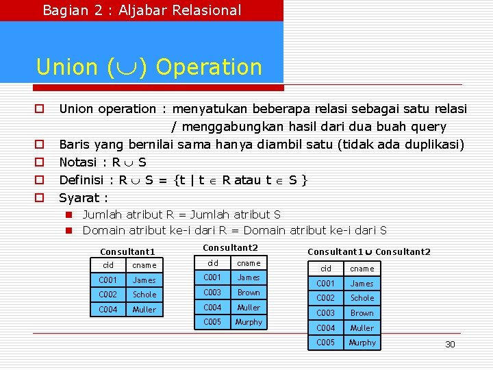 Bagian 2 : Aljabar Relasional Union ( ) Operation o o o Union operation