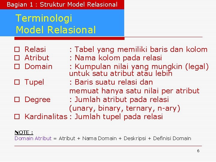 Bagian 1 : Struktur Model Relasional Terminologi Model Relasional o Relasi o Atribut o