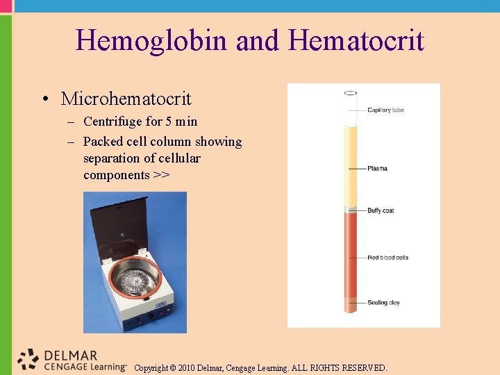 Hemoglobin and Hematocrit • Microhematocrit – Centrifuge for 5 min – Packed cell column