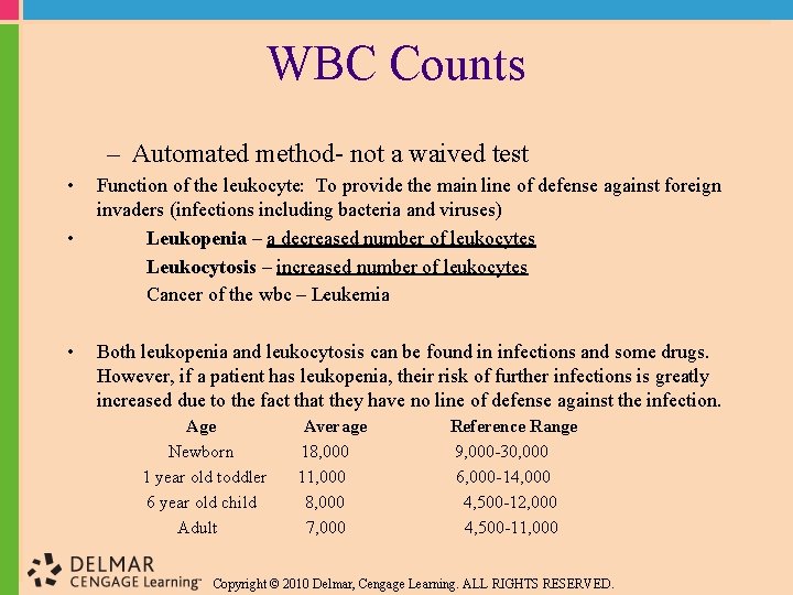 WBC Counts – Automated method- not a waived test • • • Function of