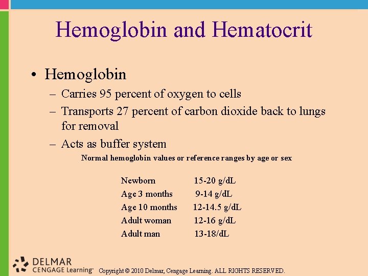 Hemoglobin and Hematocrit • Hemoglobin – Carries 95 percent of oxygen to cells –