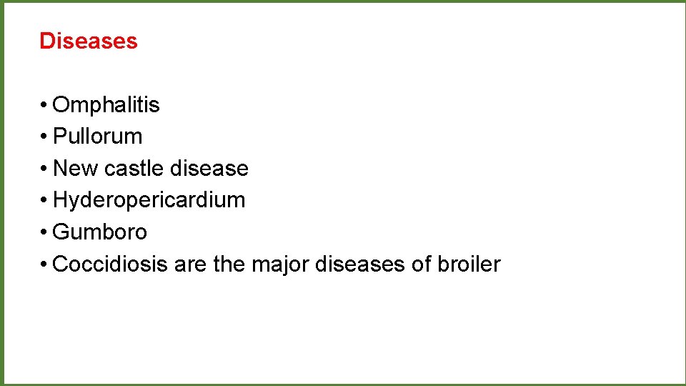 Diseases • Omphalitis • Pullorum • New castle disease • Hyderopericardium • Gumboro •