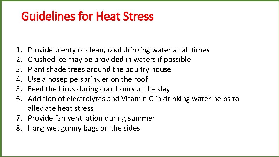 Guidelines for Heat Stress 1. 2. 3. 4. 5. 6. Provide plenty of clean,