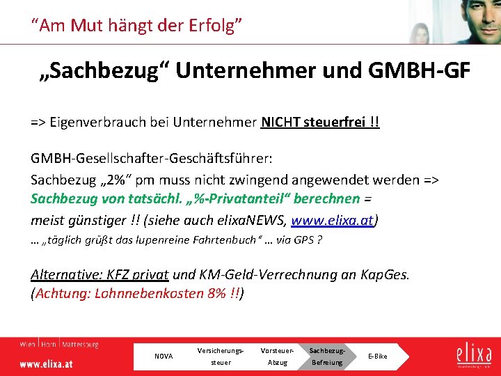 “Am Mut hängt der Erfolg” „Sachbezug“ Unternehmer und GMBH GF => Eigenverbrauch bei Unternehmer