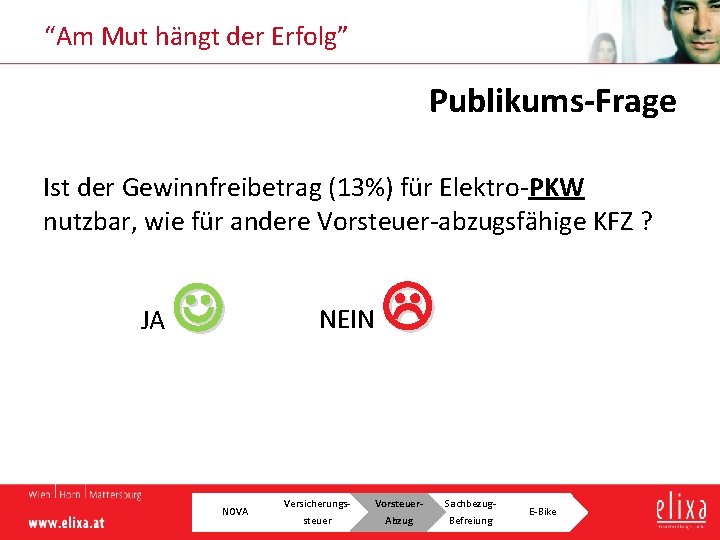 “Am Mut hängt der Erfolg” Publikums Frage Ist der Gewinnfreibetrag (13%) für Elektro-PKW nutzbar,