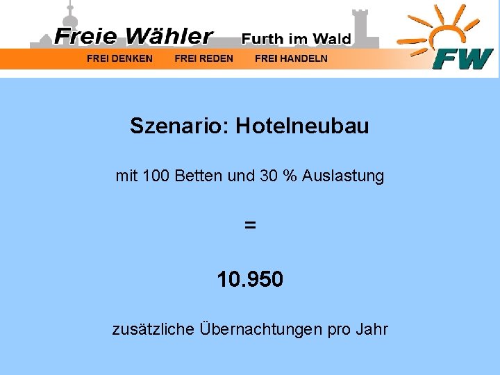 Szenario: Hotelneubau mit 100 Betten und 30 % Auslastung = 10. 950 zusätzliche Übernachtungen