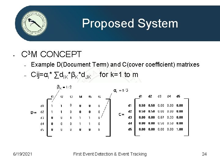 Proposed System • C 3 M CONCEPT – Example D(Document Term) and C(cover coefficient)