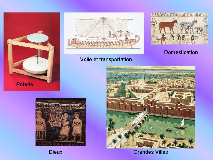 Domestication Voile et transportation Poterie Dieux Grandes Villes 