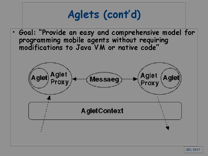 Aglets (cont’d) • Goal: “Provide an easy and comprehensive model for programming mobile agents