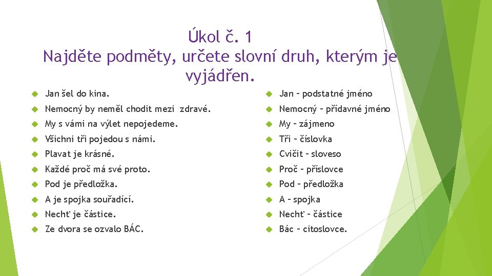 Úkol č. 1 Najděte podměty, určete slovní druh, kterým je vyjádřen. Jan šel do