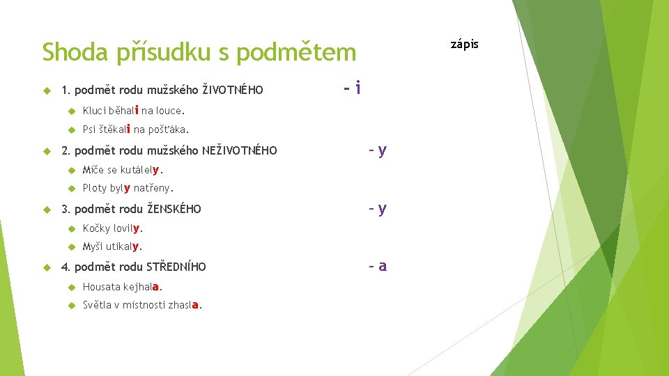 zápis Shoda přísudku s podmětem 1. podmět rodu mužského ŽIVOTNÉHO Kluci běhali na louce.
