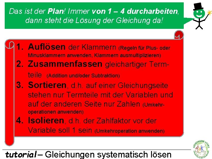 Das ist der Plan! Immer von 1 – 4 durcharbeiten, dann steht die Lösung