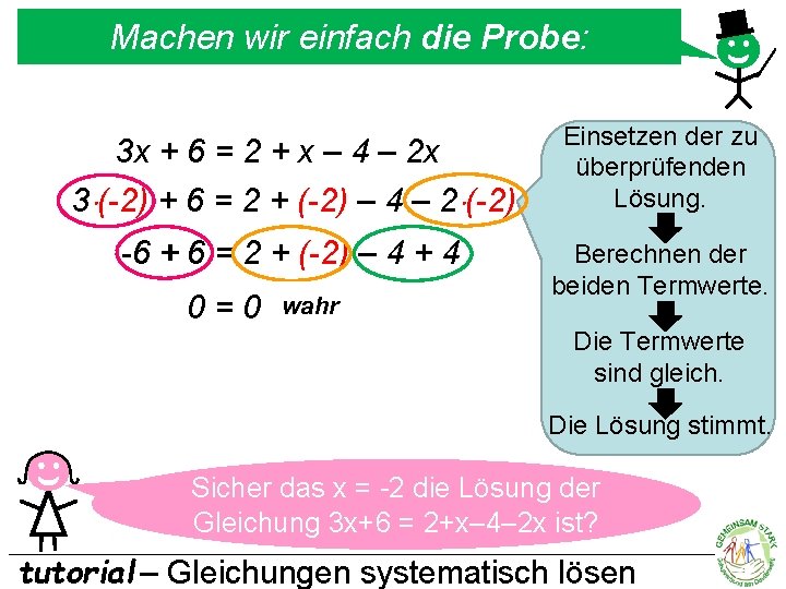 Machen wir einfach die Probe: 3 x + 6 = 2 + x –