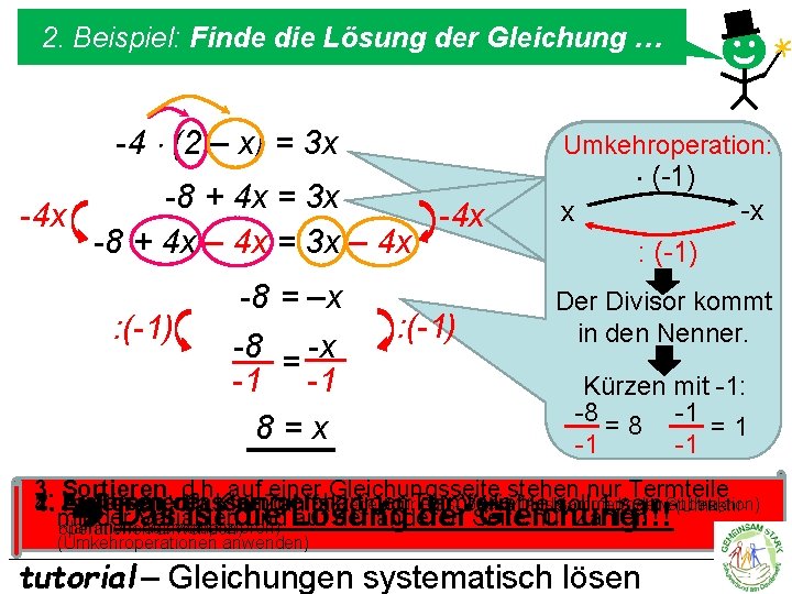 2. Beispiel: Finde die Lösung der Gleichung … -4 (2 – x) = 3