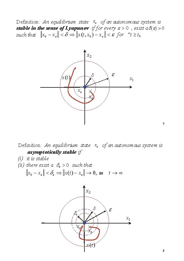 Definition: An equilibrium state xe of an autonomous system is stable in the sense Definition: An equilibrium state xe of an autonomous system is stable in the sense