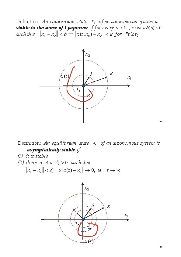 Definition: An equilibrium state xe of an autonomous system is stable in the sense