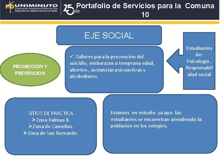 Portafolio de Servicios para la Comuna 10 EJE SOCIAL PROMOCION Y PREVENCION ü. Talleres