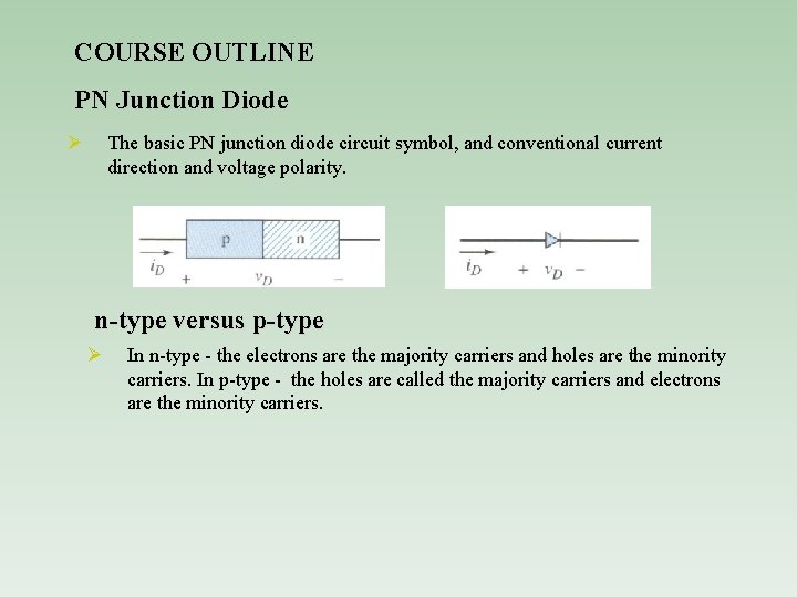 COURSE OUTLINE PN Junction Diode Ø The basic PN junction diode circuit symbol, and