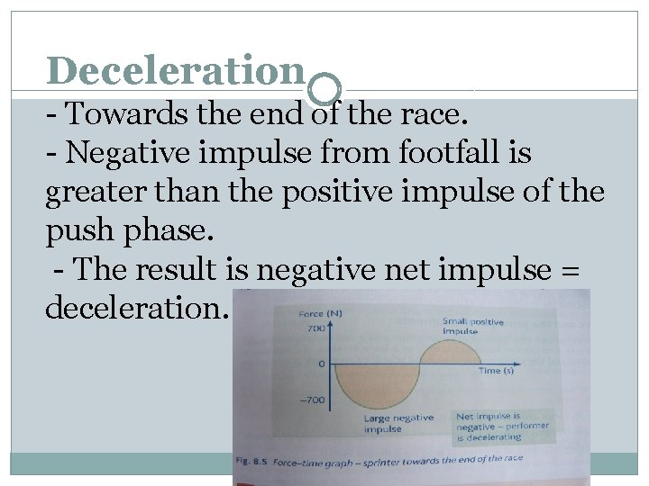 Deceleration - Towards the end of the race. - Negative impulse from footfall is