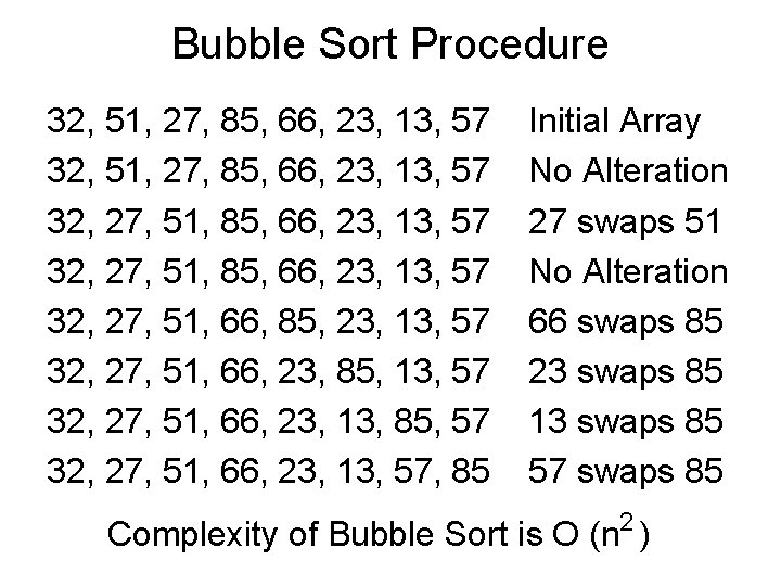 Bubble Sort Procedure 32, 51, 27, 85, 66, 23, 13, 57 32, 27, 51, Bubble Sort Procedure 32, 51, 27, 85, 66, 23, 13, 57 32, 27, 51,