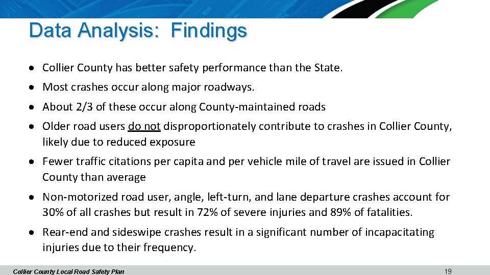 Data Analysis: Findings Collier County has better safety performance than the State. Most crashes