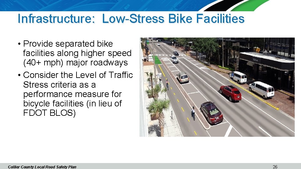 Infrastructure: Low-Stress Bike Facilities • Provide separated bike facilities along higher speed (40+ mph)