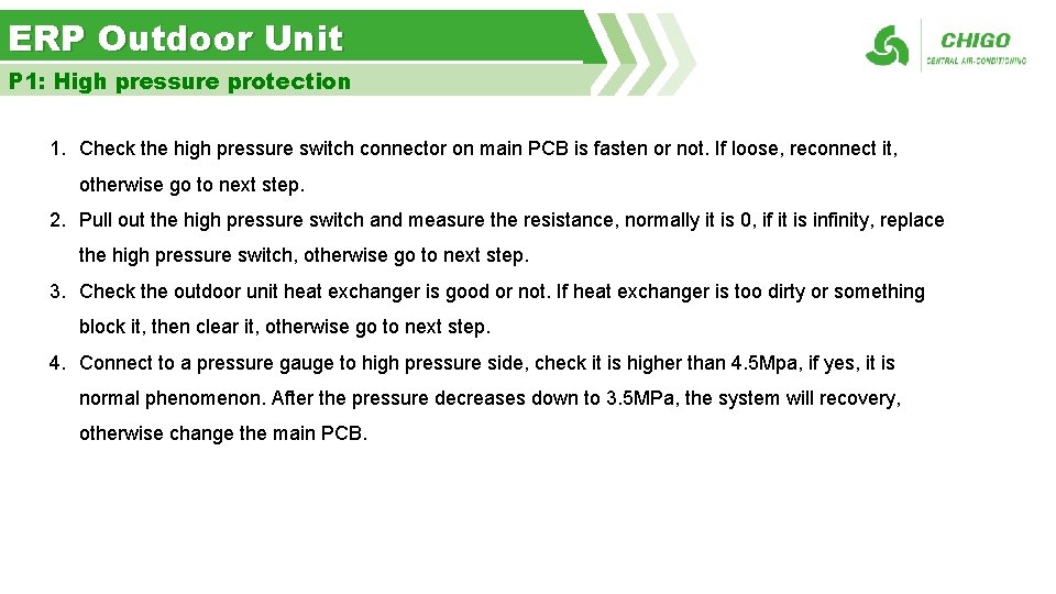 ERP Outdoor Unit P 1: High pressure protection 1. Check the high pressure switch