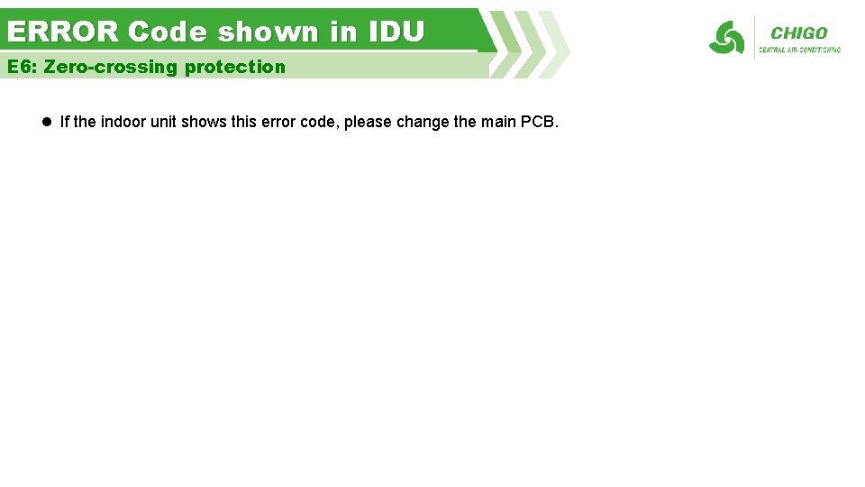 ERROR Code shown in IDU E 6: Zero-crossing protection l If the indoor unit