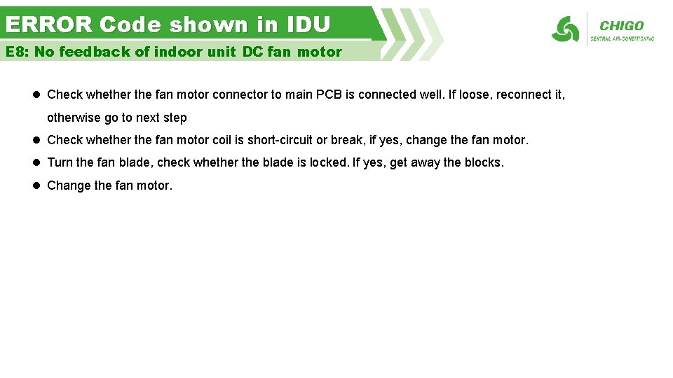 ERROR Code shown in IDU E 8: No feedback of indoor unit DC fan