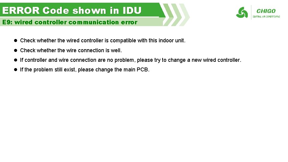 ERROR Code shown in IDU E 9: wired controller communication error l Check whether