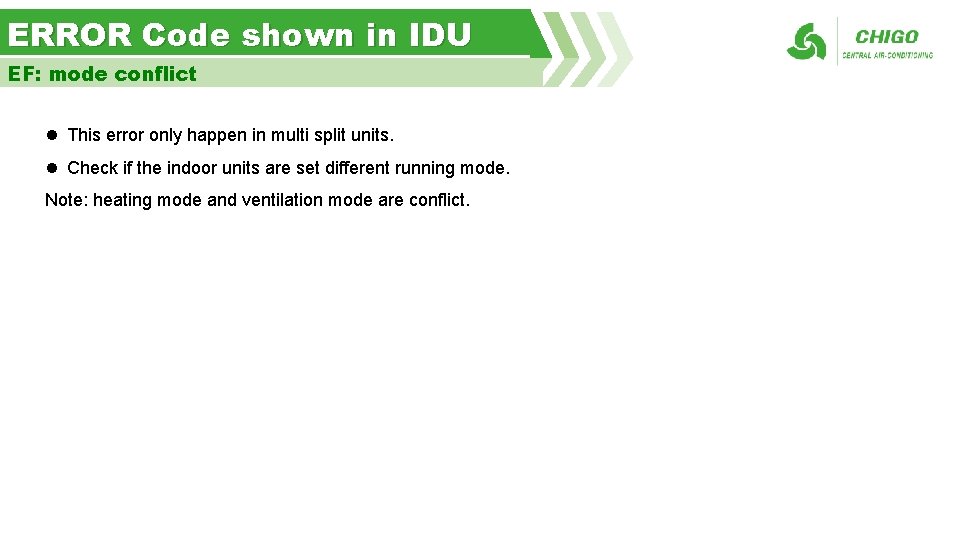 ERROR Code shown in IDU EF: mode conflict l This error only happen in