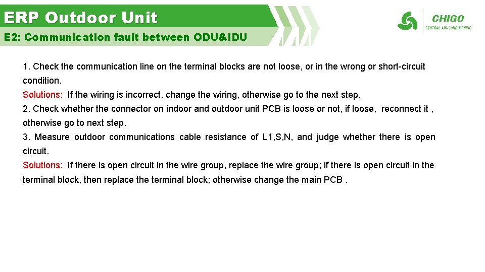 ERP Outdoor Unit E 2: Communication fault between ODU&IDU 1. Check the communication line