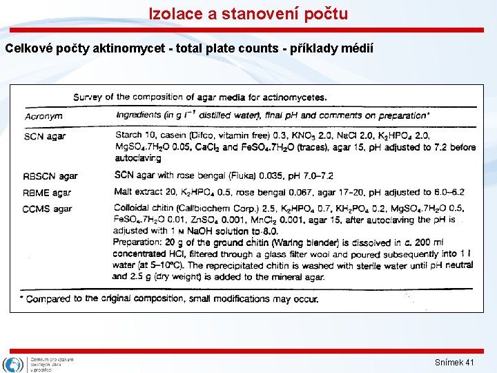 Izolace a stanovení počtu Celkové počty aktinomycet - total plate counts - příklady médií