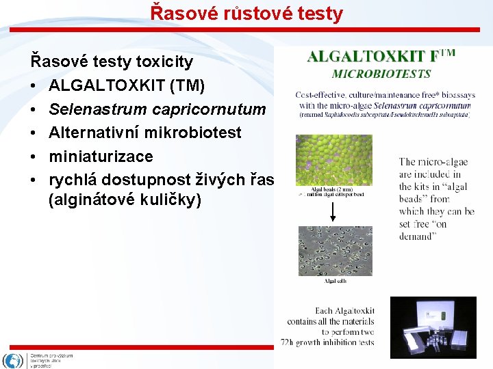 Řasové růstové testy Řasové testy toxicity • ALGALTOXKIT (TM) • Selenastrum capricornutum • Alternativní