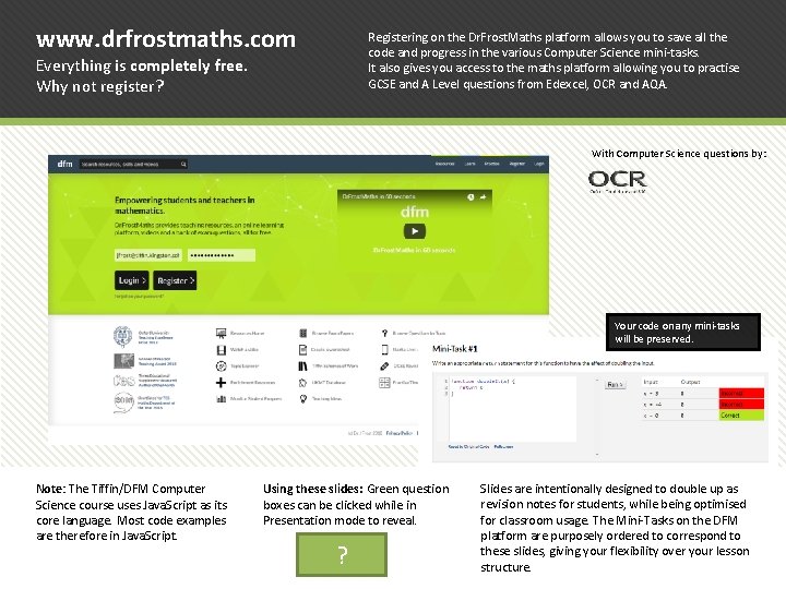 www. drfrostmaths. com Registering on the Dr. Frost. Maths platform allows you to save