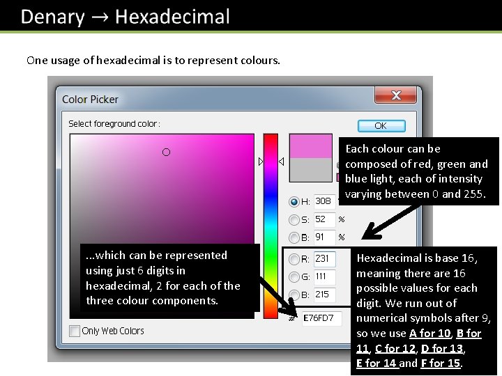 One usage of hexadecimal is to represent colours. Each colour can be composed of