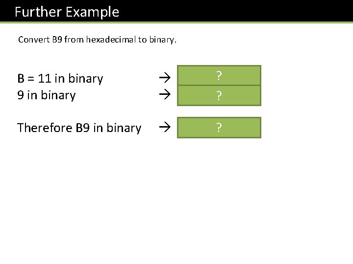 Further Example Convert B 9 from hexadecimal to binary. B = 11 in binary
