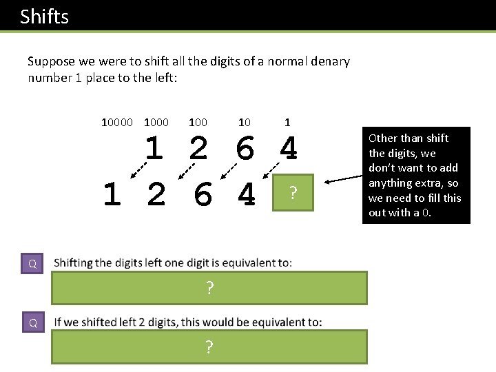 Shifts Suppose we were to shift all the digits of a normal denary number Shifts Suppose we were to shift all the digits of a normal denary number