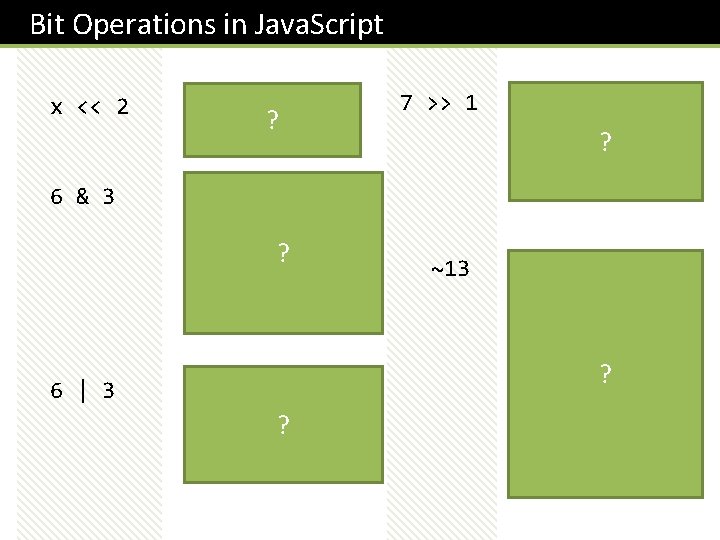 Bit Operations in Java. Script x << 2 Performs a 2 place left shift