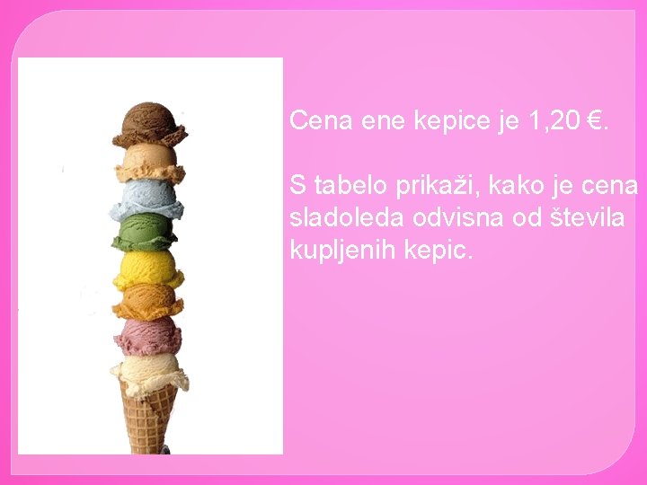Cena ene kepice je 1, 20 €. S tabelo prikaži, kako je cena sladoleda