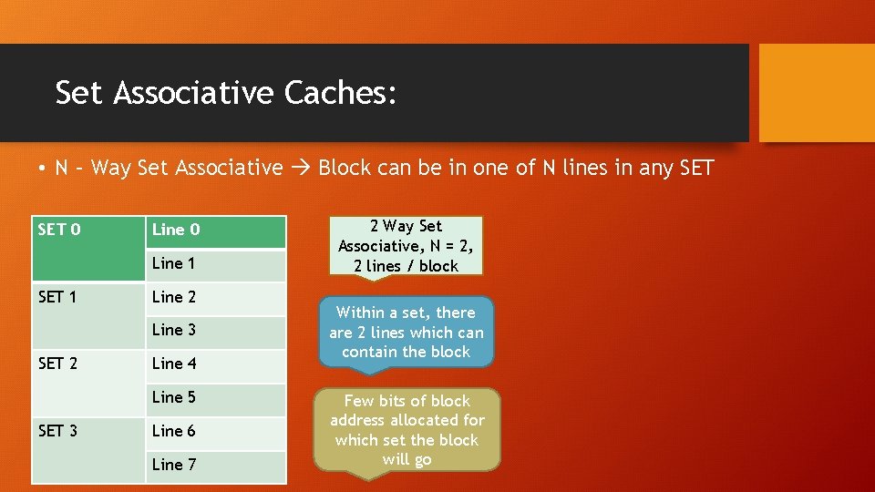 Set Associative Caches: • N – Way Set Associative Block can be in one