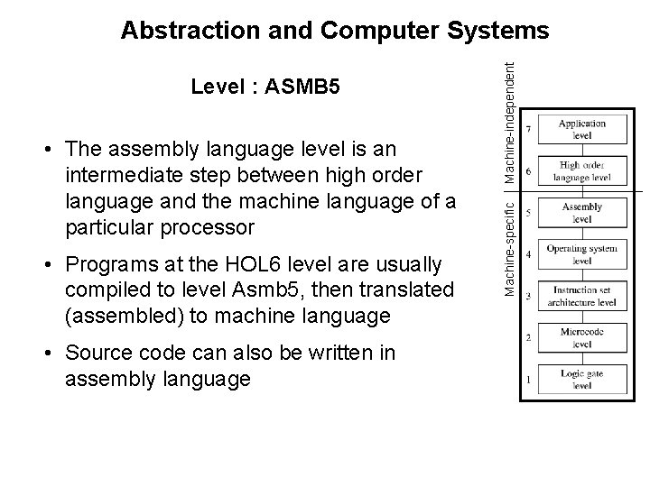  • The assembly language level is an intermediate step between high order language