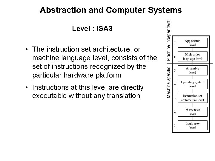  • The instruction set architecture, or machine language level, consists of the set