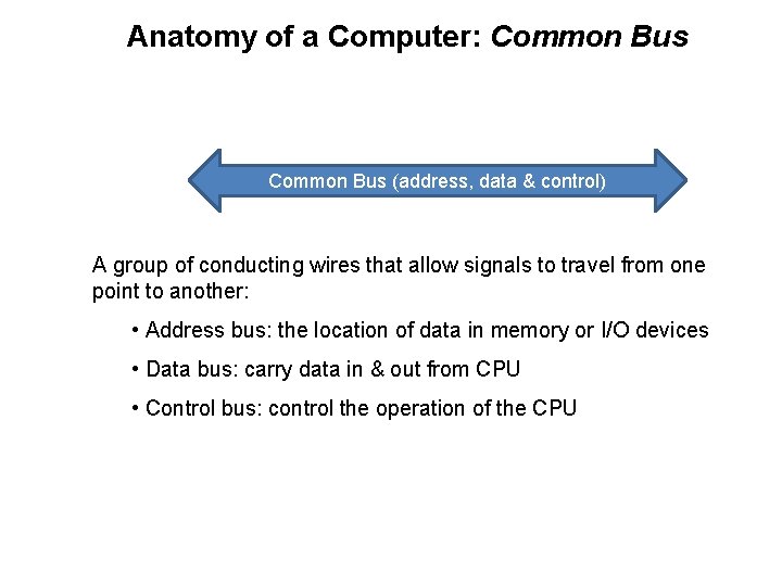 Anatomy of a Computer: Common Bus (address, data & control) A group of conducting
