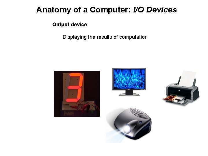 Anatomy of a Computer: I/O Devices Output device Displaying the results of computation 