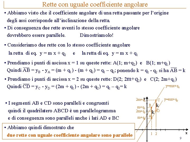 Rette con uguale coefficiente angolare • Abbiamo visto che il coefficiente angolare di una