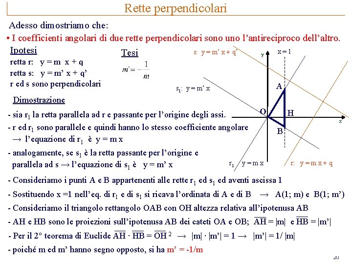 Rette perpendicolari Adesso dimostriamo che: • I coefficienti angolari di due rette perpendicolari sono