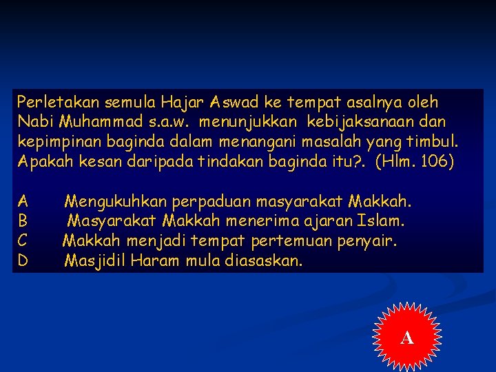 Perletakan semula Hajar Aswad ke tempat asalnya oleh Nabi Muhammad s. a. w. menunjukkan