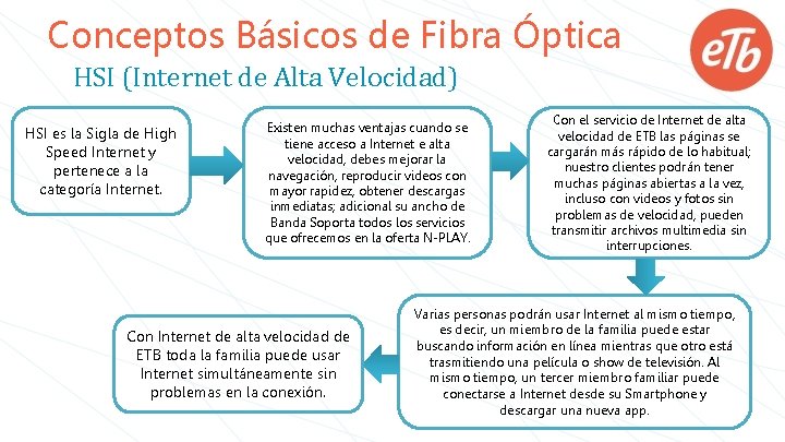 Conceptos Básicos de Fibra Óptica HSI (Internet de Alta Velocidad) HSI es la Sigla